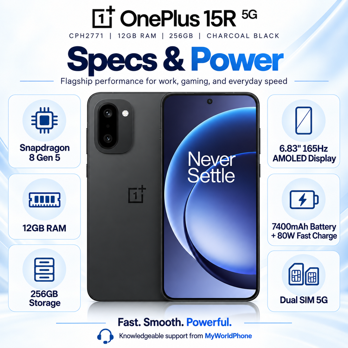 OnePlus 15R 5G Charcoal black smartphone front with blue AMOLED display