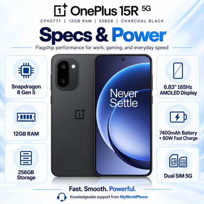 OnePlus 15R 5G Charcoal black smartphone front with blue AMOLED display
