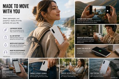 White Sony Xperia 10 V smartphone held in hand with screen turned on