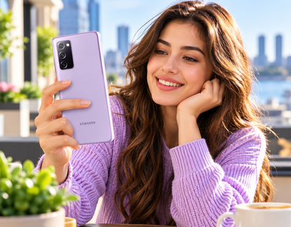 Lavender Samsung Galaxy S20 FE 5G phone held in front view by smiling woman