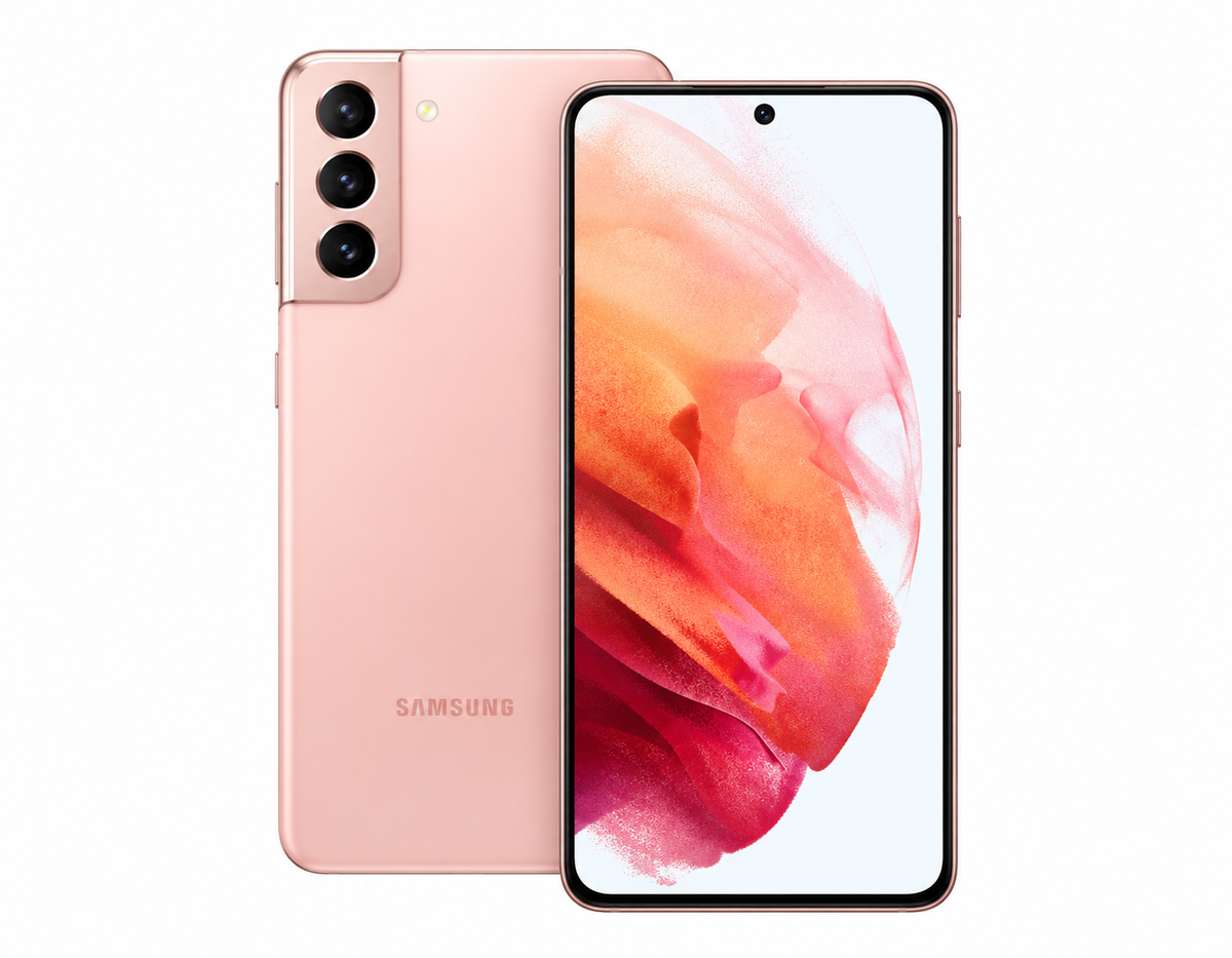 Pink Samsung Galaxy S21 5G phone with rear camera and front display