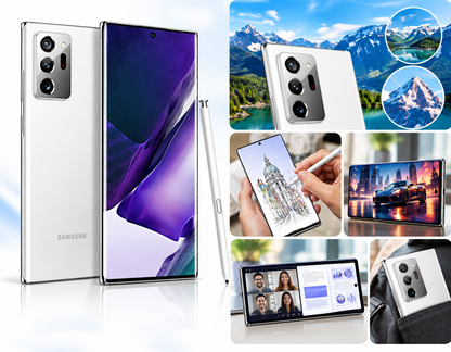 Samsung Galaxy Note 20 Ultra 5G White Samsung smartphone with purple display, rear camera array, and S Pen shown