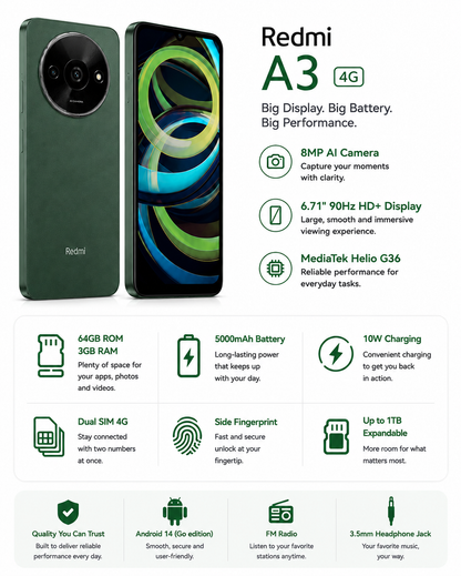 Xiaomi Redmi A3 4G 64GB ROM 3GB RAM Dual SIM GSM Unlocked - Green
