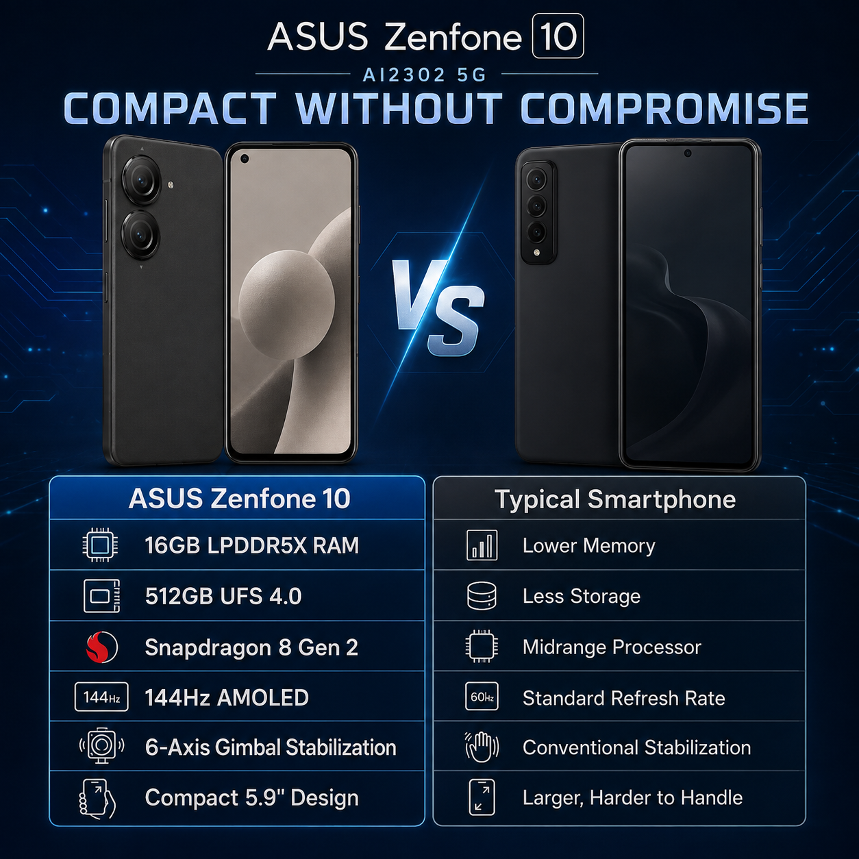 Asus Zenfone 10 AI2302 5G Black smartphone front and back views side by side, dual rear cameras visible.