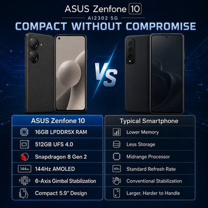 Asus Zenfone 10 AI2302 5G Black smartphone front and back views side by side, dual rear cameras visible.