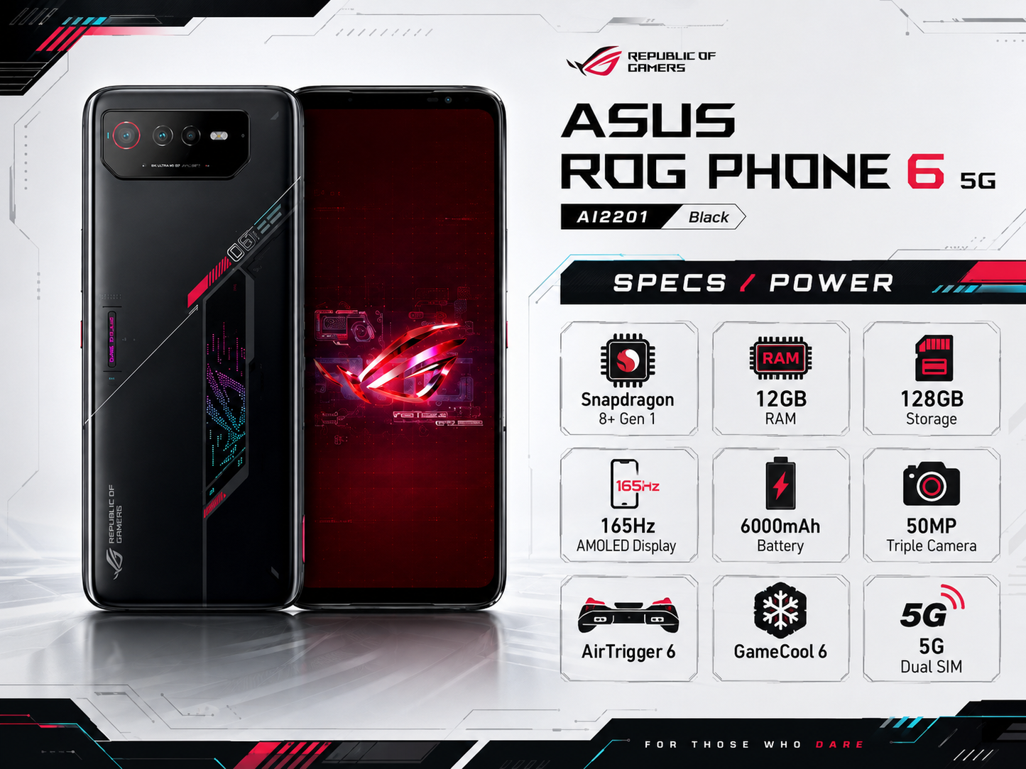 Asus ROG Phone 6 Black gaming smartphone front and back render with diagonal light stripe design