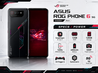 Asus ROG Phone 6 Black gaming smartphone front and back render with diagonal light stripe design