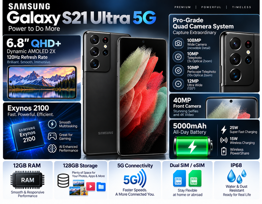 Black Samsung Galaxy S21 Ultra 5G smartphone front and back, quad rear cameras visible