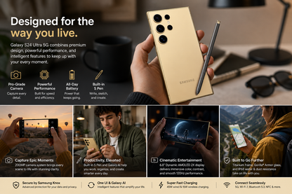 Gold Samsung Galaxy S24 Ultra smartphone held in hand with S Pen stylus