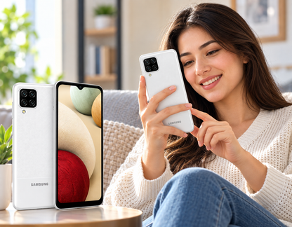White Samsung Galaxy A12 smartphone held by woman, showing rear and front