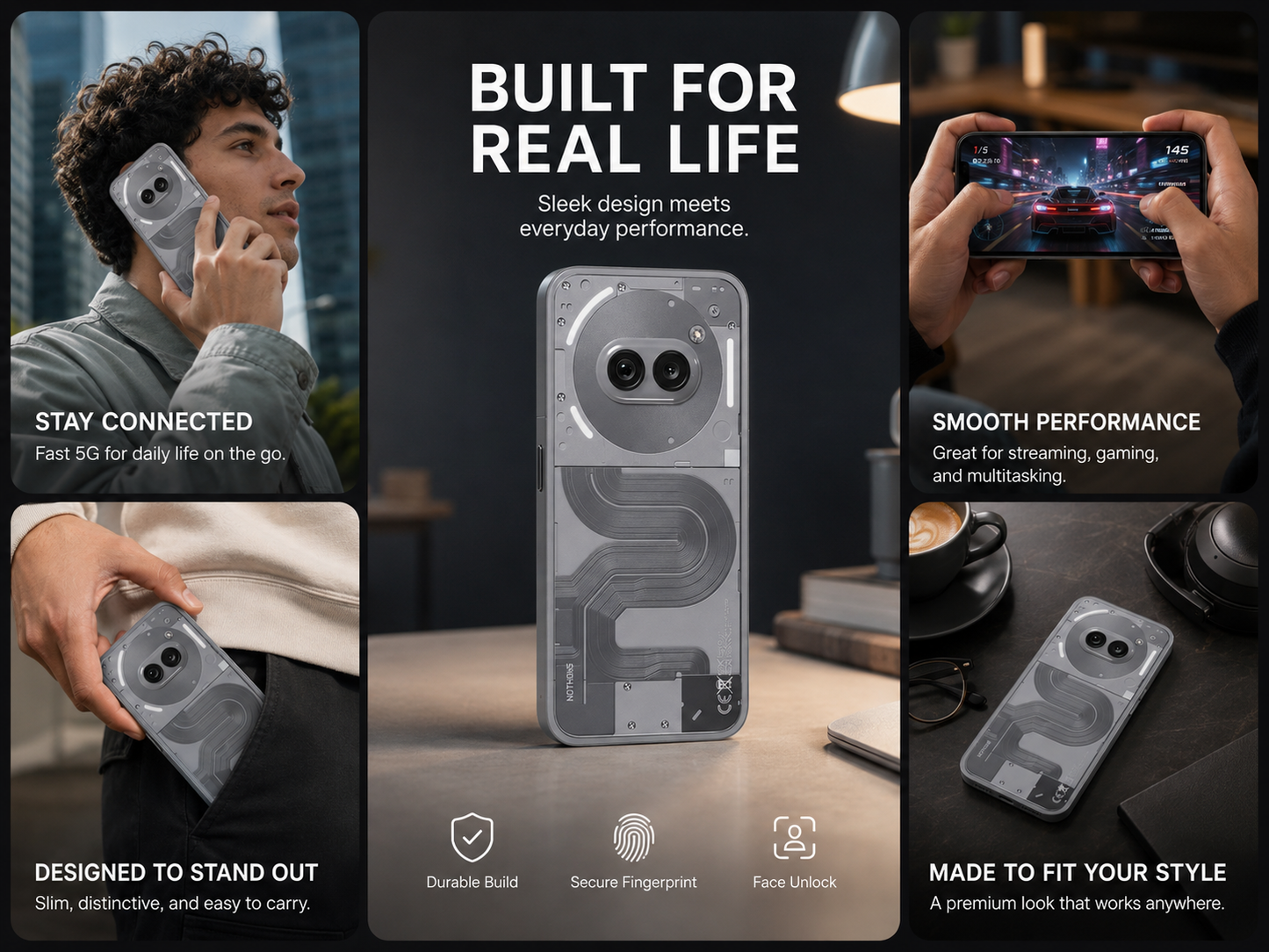Grey smartphone with back triple camera module, held by person