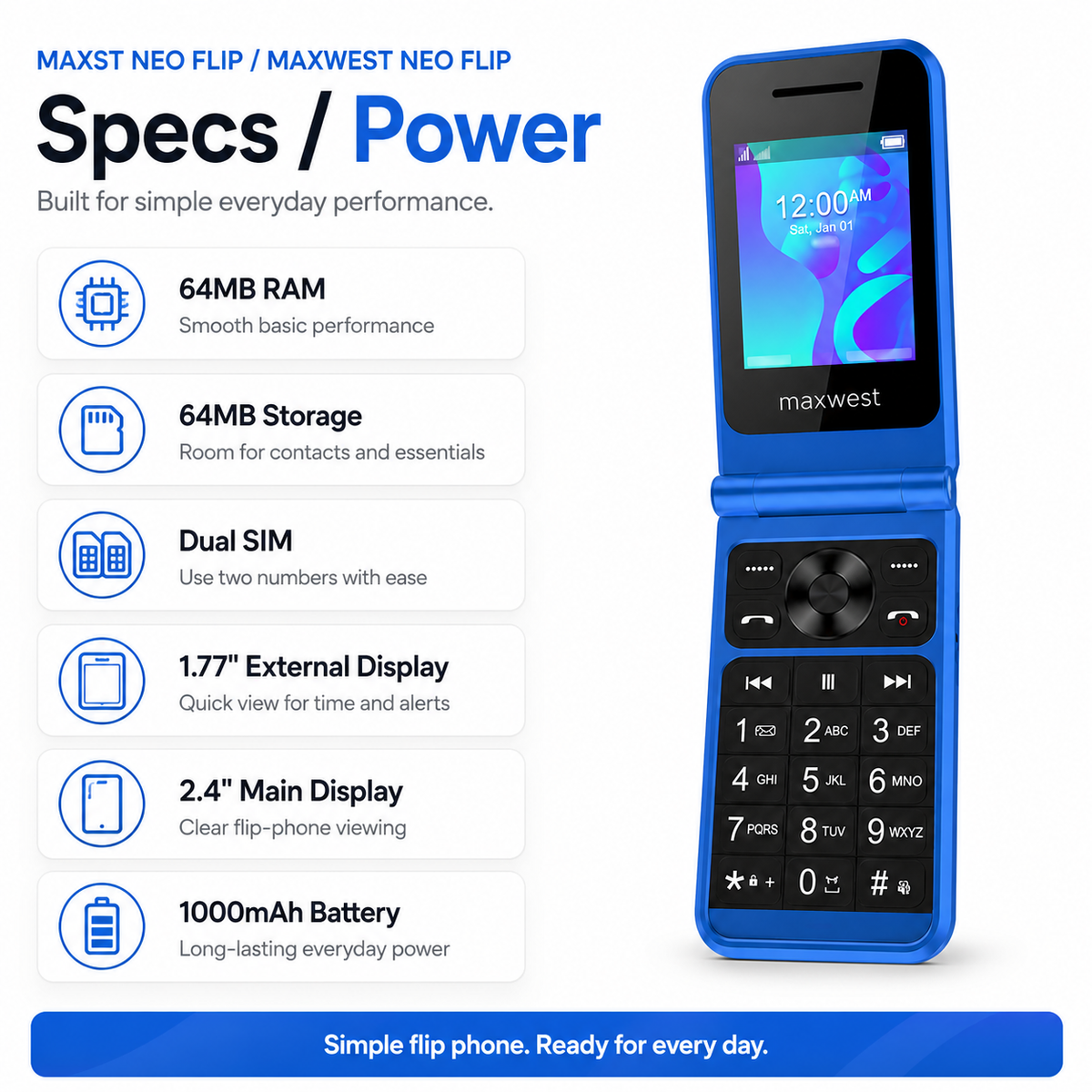Blue open flip phone with external keypad and small internal display