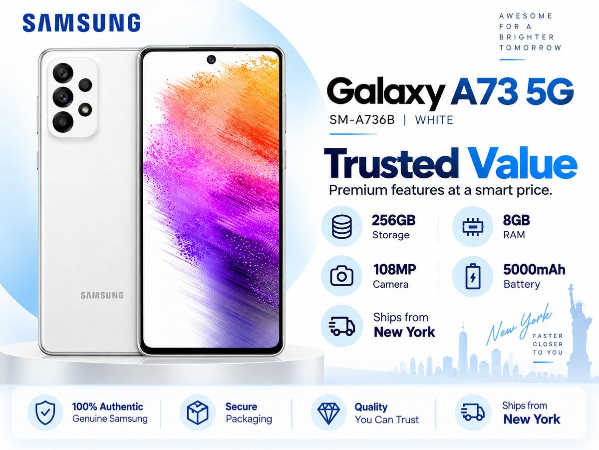Samsung Galaxy A73 5G White Samsung smartphone front with colorful wallpaper and rear triple cameras
