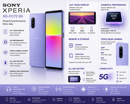 Sony Xperia 10 IV XQ-CC72 5G Dual SIM 128GB 6GB RAM GSM Unlocked – Lavender