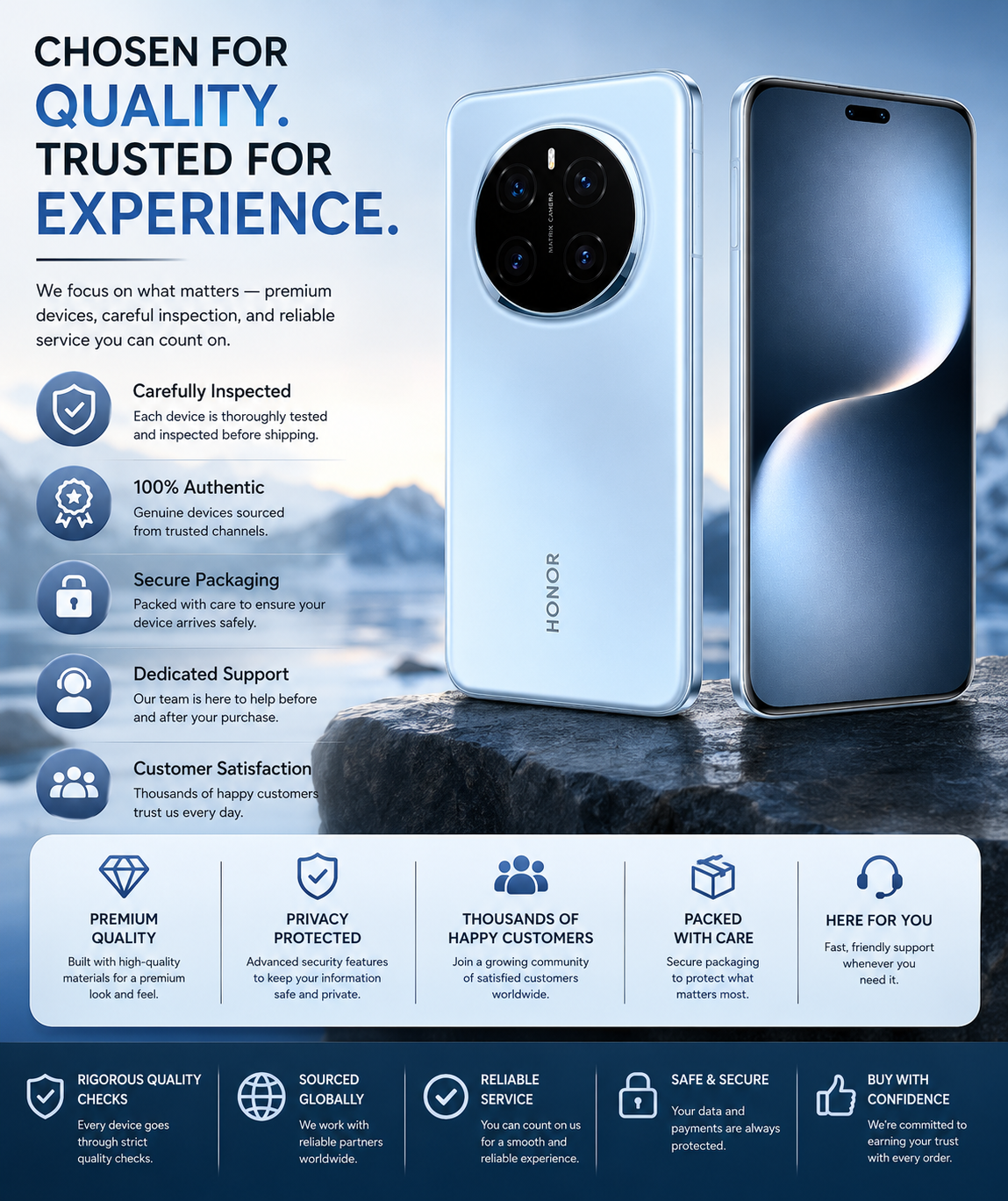 Blue smartphone with front display and rear triple camera, shown side by side