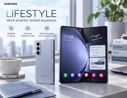Blue foldable smartphone, Samsung Galaxy Z Fold5 open on desk with slim profile