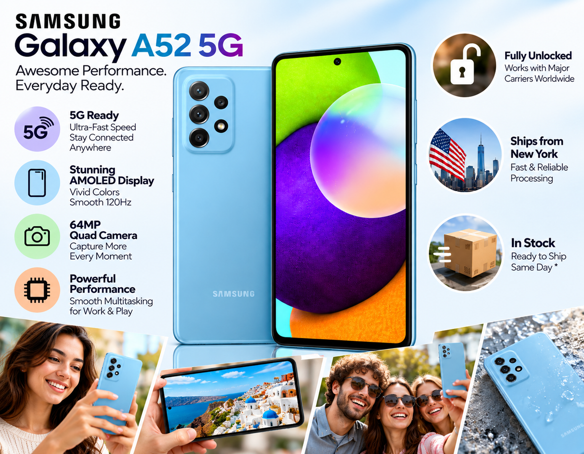 Samsung Galaxy A52s Light blue Samsung smartphone front and back view