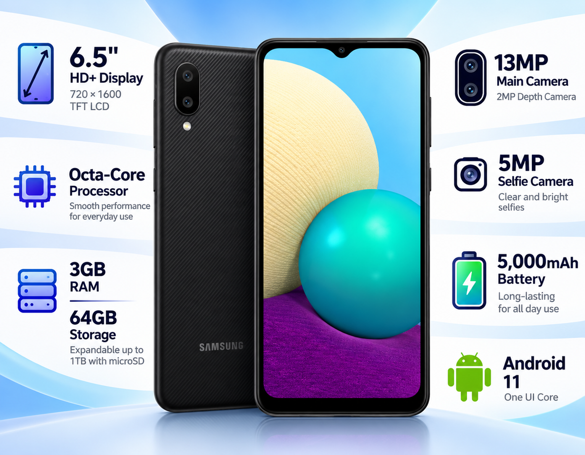 Black Samsung Galaxy A02 dual-SIM smartphone with front display and rear camera
