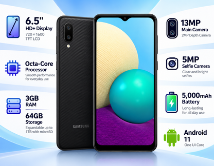 Black Samsung Galaxy A02 dual-SIM smartphone with front display and rear camera