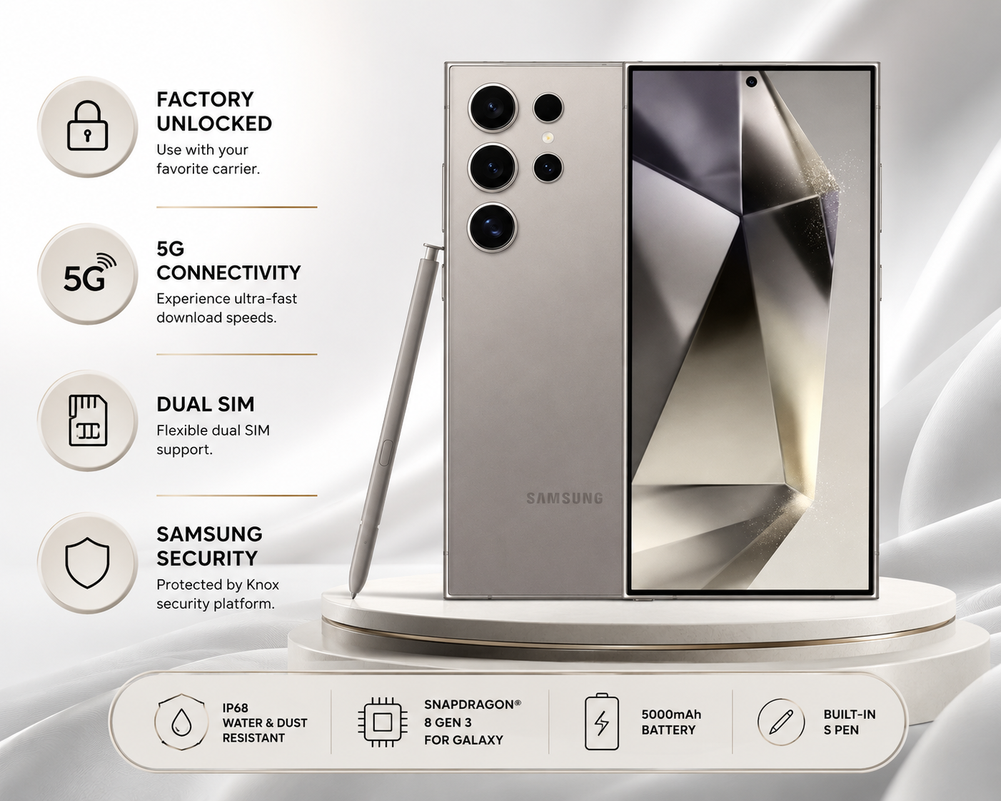 Samsung Galaxy S24 Ultra Unlocked 5G smartphone in titanium grey, back and front views on a display stand