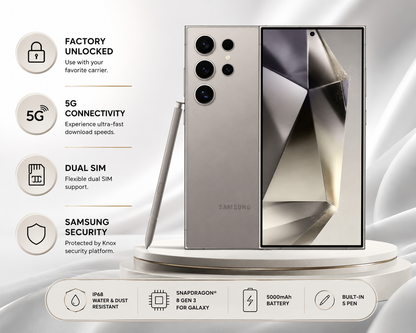 Samsung Galaxy S24 Ultra Unlocked 5G smartphone in titanium grey, back and front views on a display stand