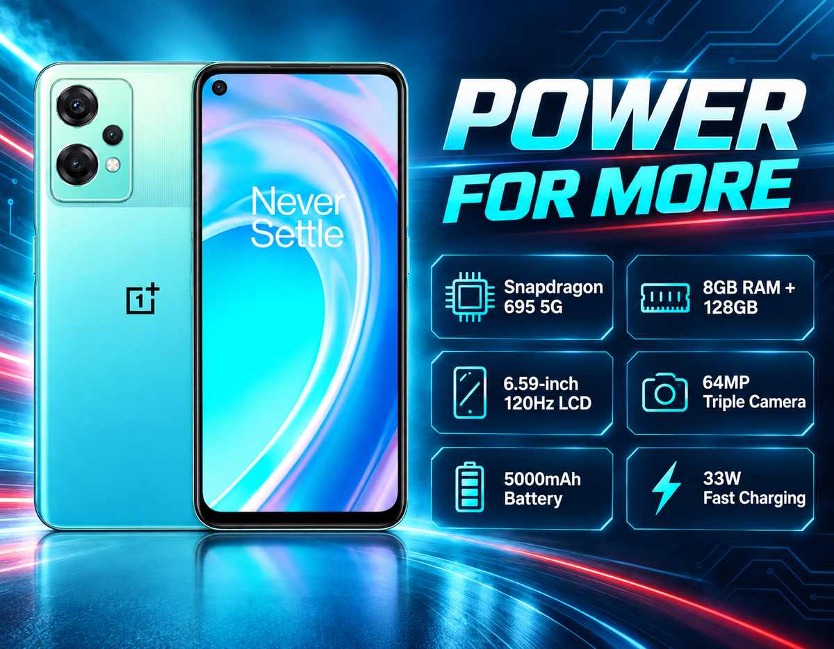 OnePlus Nord CE 2 Lite Blue smartphone front and back view, dual rear cameras and 'Never Settle' display