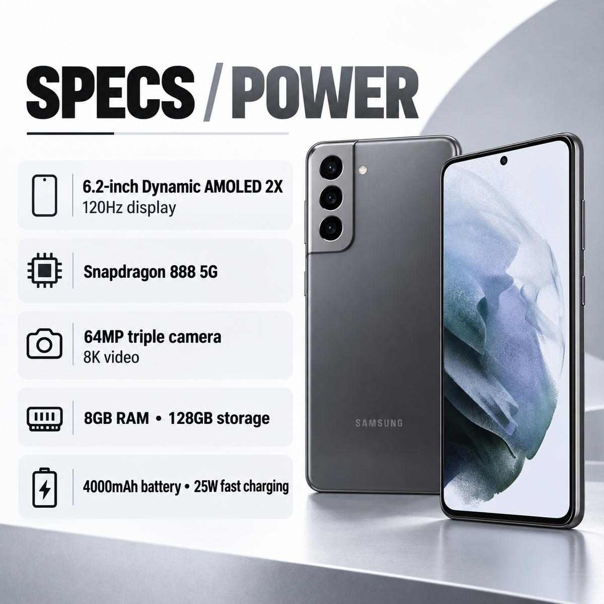 Phantom Gray Samsung Galaxy S21 5G phone with front and rear visible