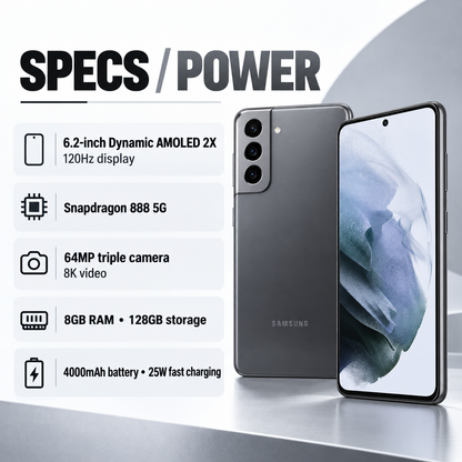 Phantom Gray Samsung Galaxy S21 5G phone with front and rear visible