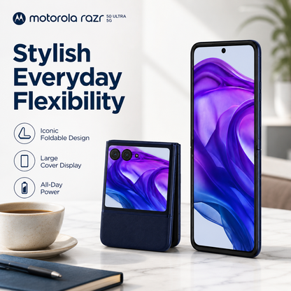 Blue foldable Motorola Razr Ultra smartphone with large cover display and open main screen