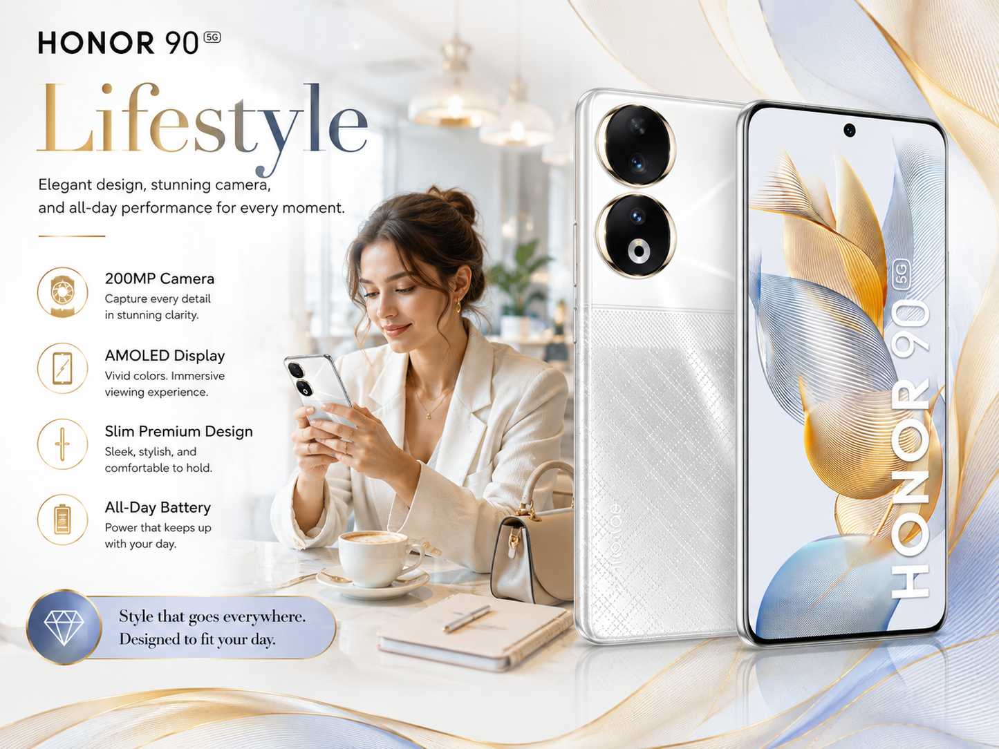 Honor 90 5G Diamond Silver smartphone with dual rear cameras and large display