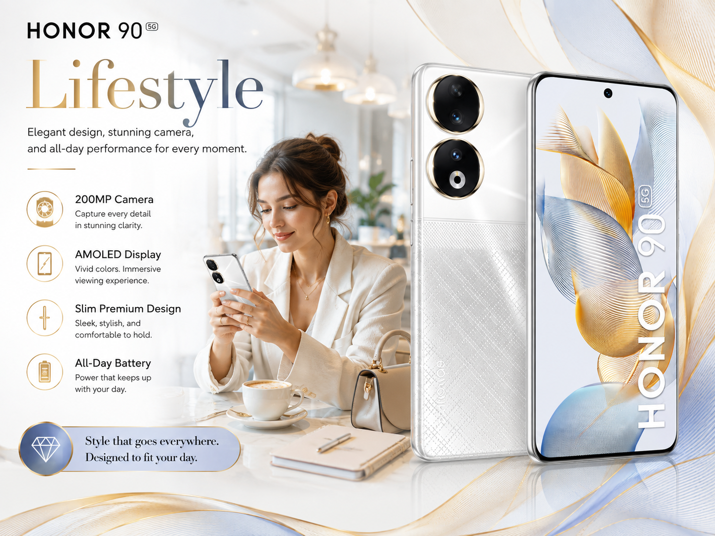 Honor 90 5G Diamond Silver smartphone with dual rear cameras and large display