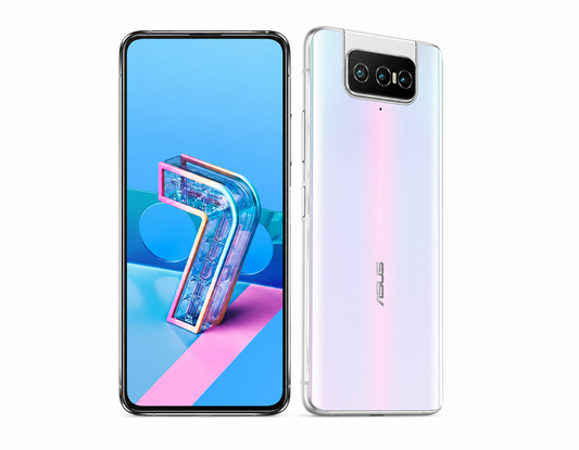Pastel white ASUS Zenfone 7 Pro smartphone, front screen and dual rear cameras