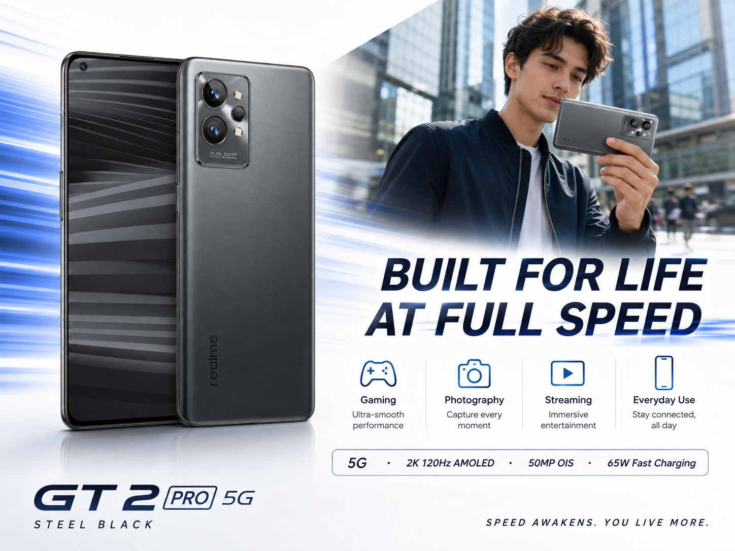 Realme GT 2 Pro 5G Steel black smartphone in hand with front-back phone shown nearby on the page