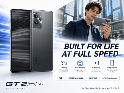 Realme GT 2 Pro 5G Steel black smartphone in hand with front-back phone shown nearby on the page