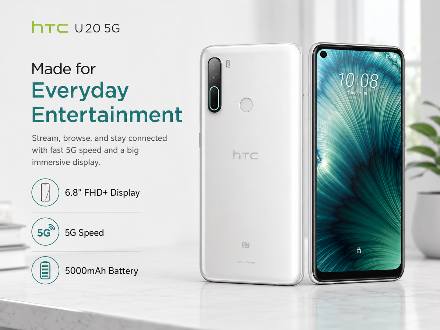 White HTC U20 5G smartphone showing front screen and back panel