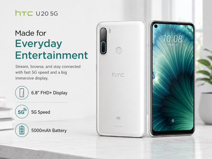 White HTC U20 5G smartphone showing front screen and back panel