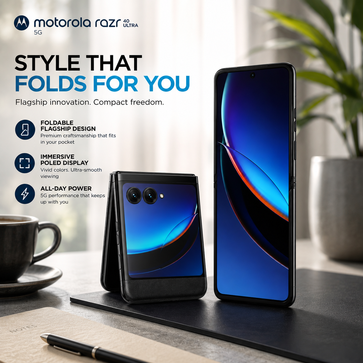 Motorola Razr 40 Ultra foldable smartphone with blue cover display, black