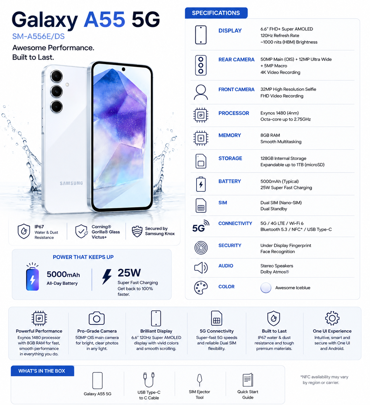 Ice blue Galaxy A55 5G smartphone, angled front view