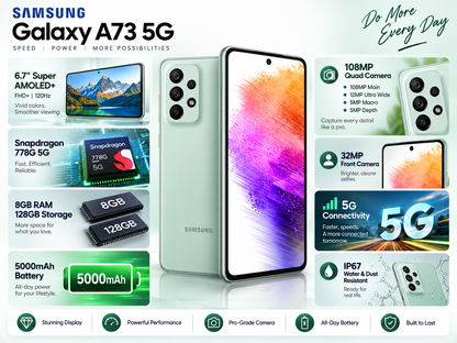 Samsung Galaxy A73 5G phone with mint finish and rear triple-camera, front colorful screen
