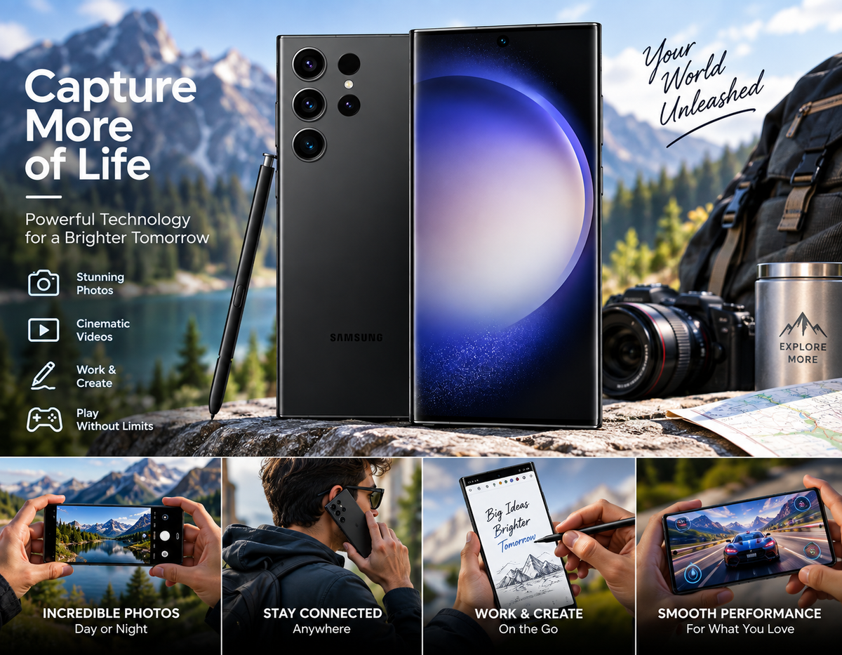 Phantom Black Galaxy S23 Ultra smartphone with S Pen outdoors, curved front display