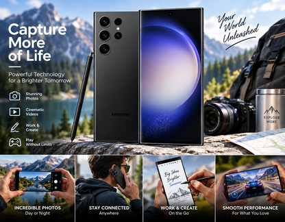 Phantom Black Galaxy S23 Ultra smartphone with S Pen outdoors, curved front display