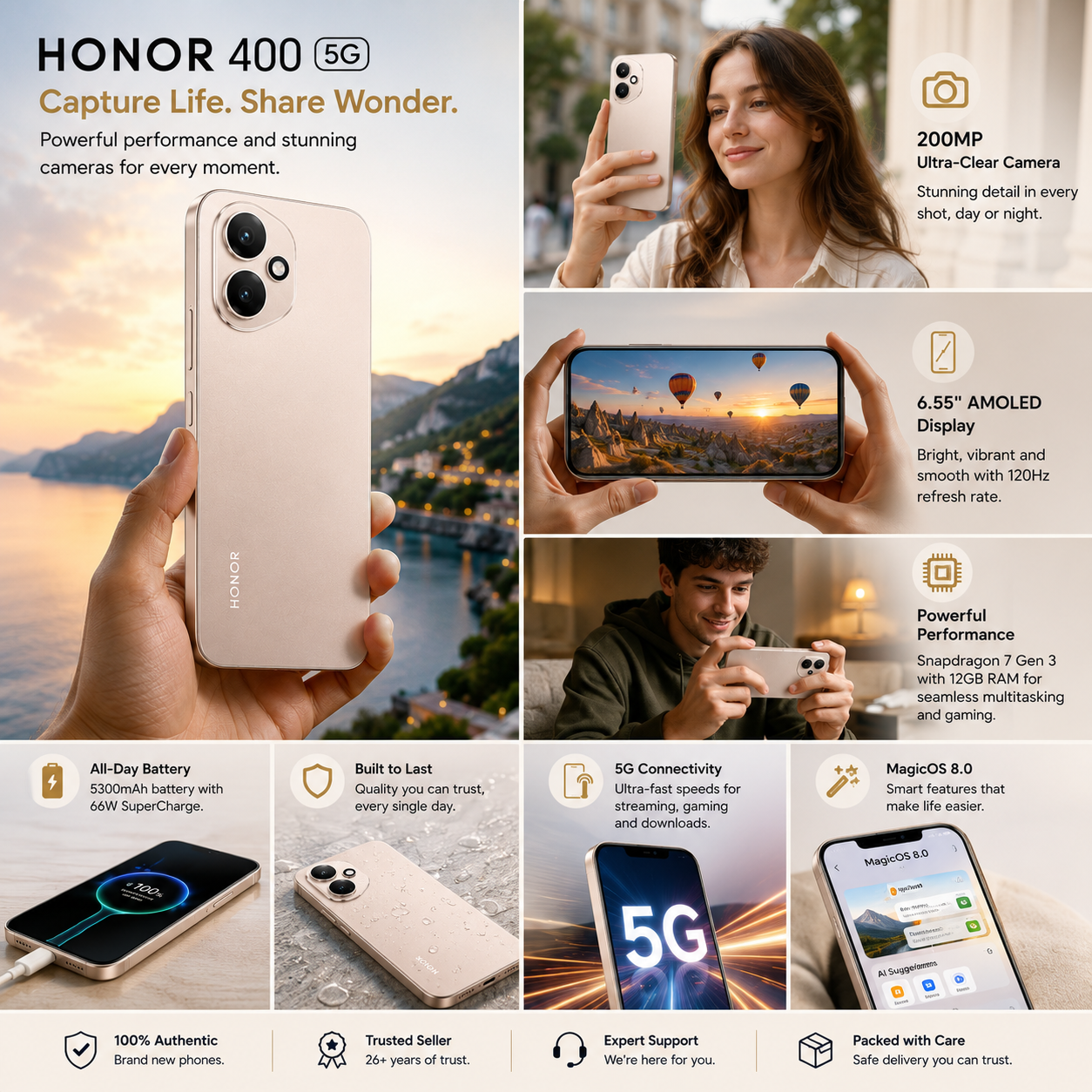 Honor 400 5G 256GB ROM 12GB RAM Dual SIM GSM Unlocked - Gold