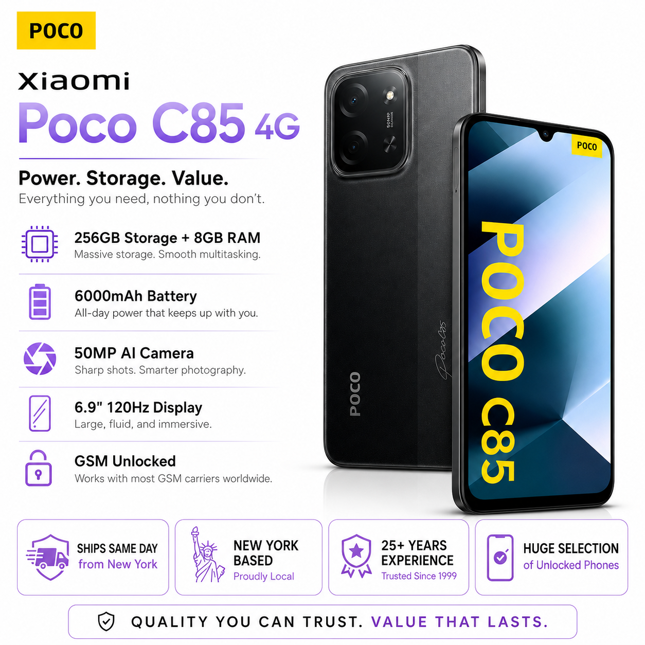 Xiaomi Poco C85 4G 256GB ROM 8GB RAM Dual SIM GSM Unlocked - Black