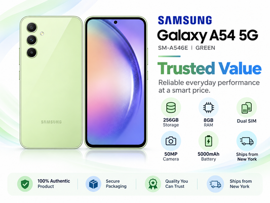 Green Samsung Galaxy A54 5G smartphone front and back with dual rear cameras.