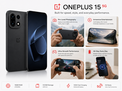 OnePlus 15 5G  Black smartphone front and back side-by-side