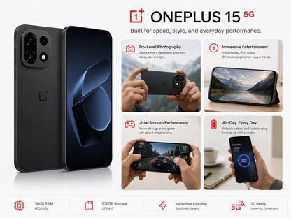 Black OnePlus 15 5G smartphone, front and back views, dual SIM unlocked