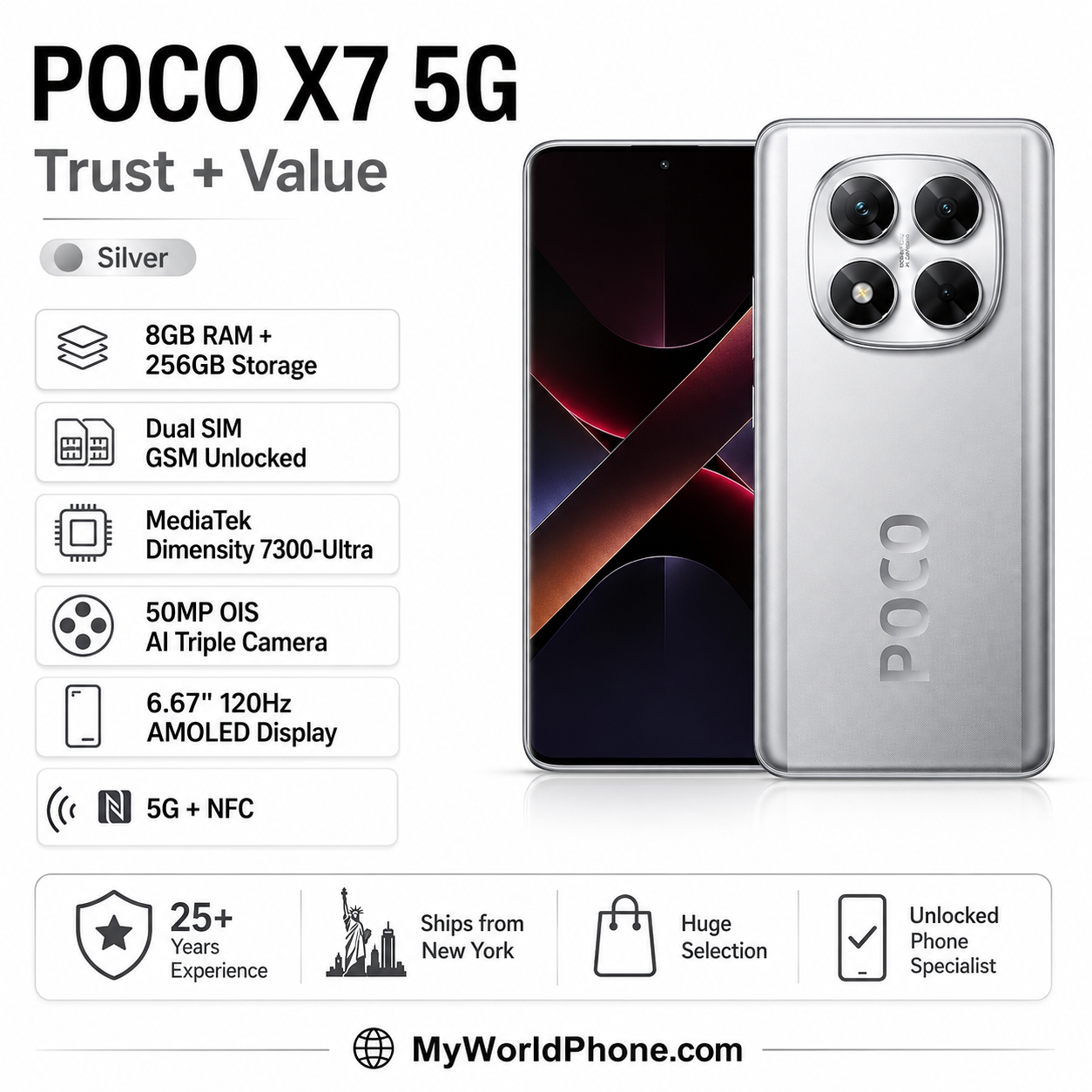 Xiaomi Poco X7 5G 256GB ROM 8GB RAM Dual SIM GSM Unlocked - Silver