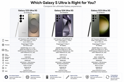 SAMSUNG Galaxy S25 Ultra  Phone comparison chart with Galaxy S Ultra models and key specs