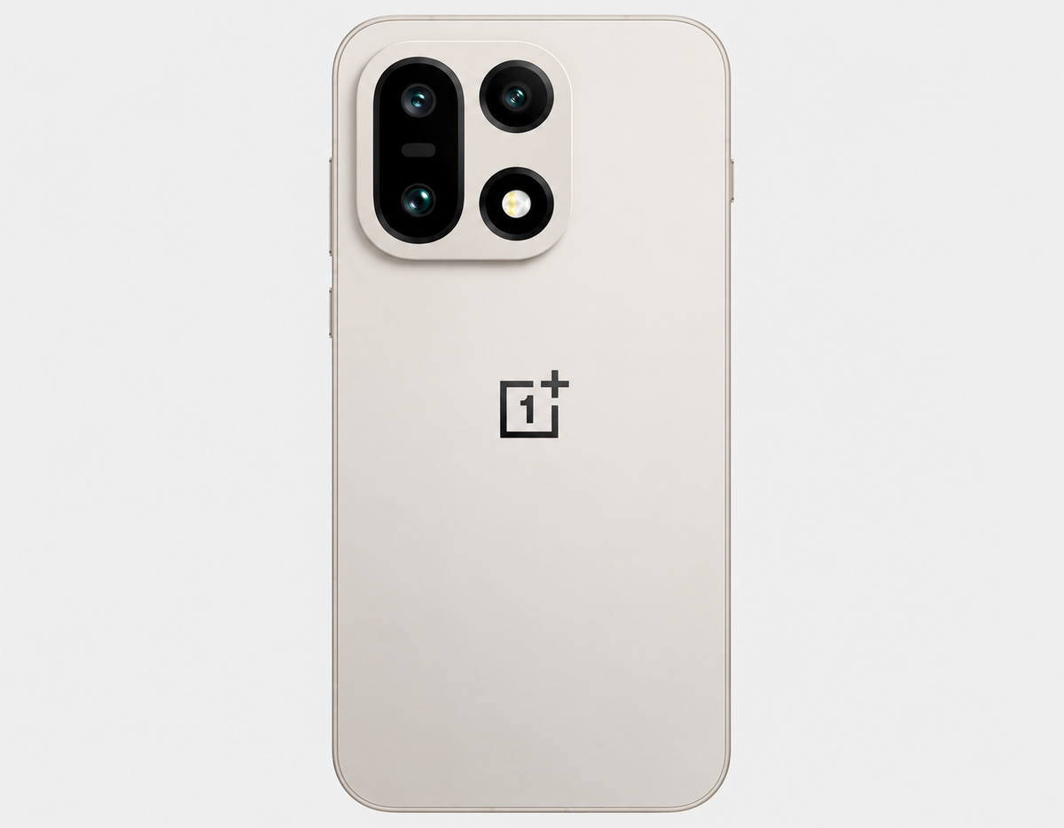 OnePlus 15 5G phone back in light beige with triple camera module