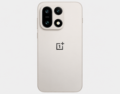 OnePlus 15 5G phone back in light beige with triple camera module